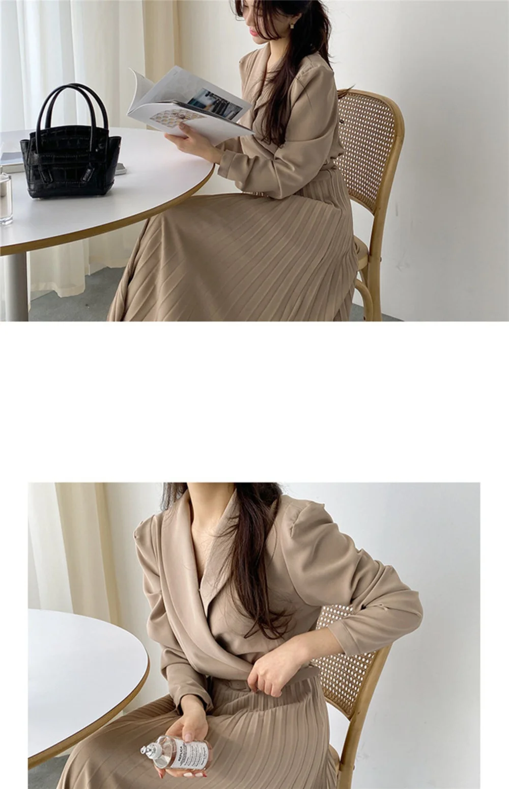 Se44e84ea63a34dc18816e2ae1cfb1d3dm - Spring / Autumn Shawl Collar Long Sleeves Pleated Midi Dress with Belt