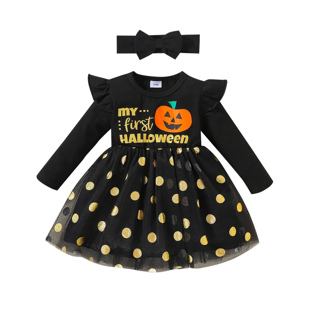 

Jlong Autumn Children Girls Casual Dresses Kids Headband + Halloween Dress Set 1-4 Years Baby Girl Halloween Costumes