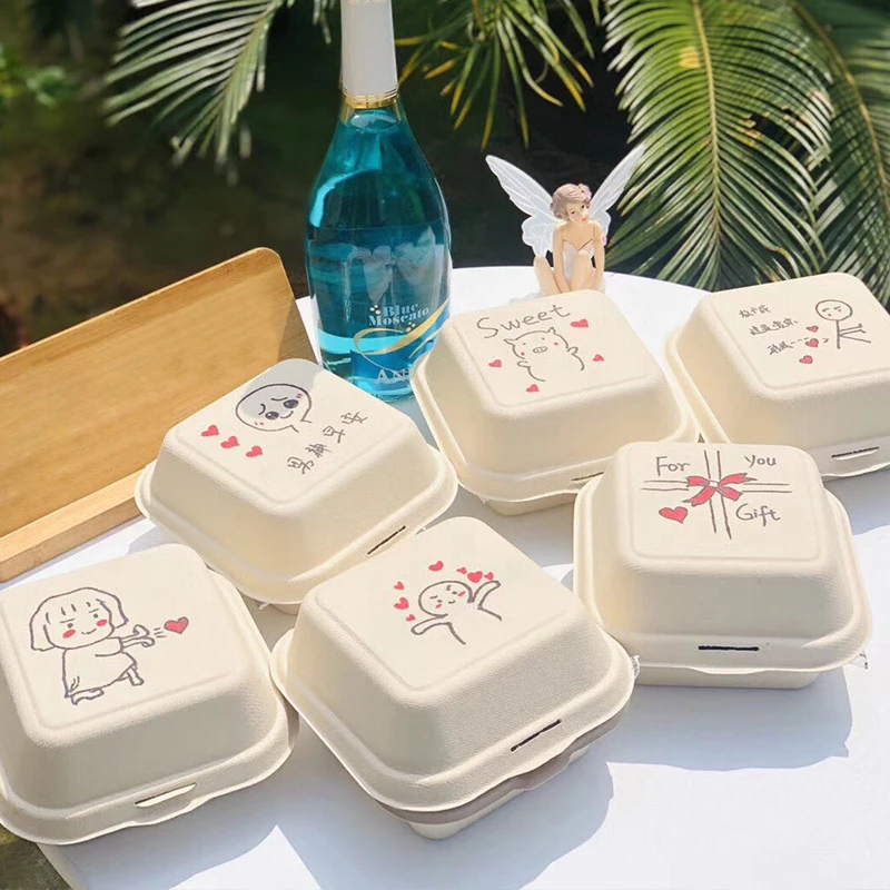 Hand-Painted Bento Cake Box 6x6 to Go Containers Compostable Clamshell Take Out Food Containers 50pk Disposable Lunchbox Cake Boxes (Pulp Color)