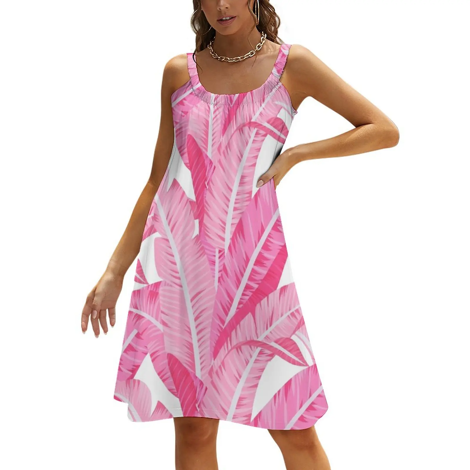 

Pink banana leaves tropical pattern on white Beach Sling Skirt woman dress women dress
