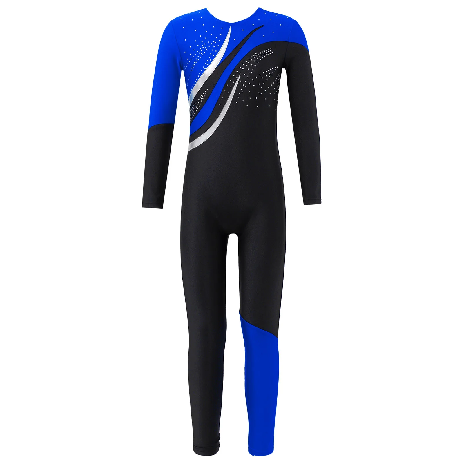 Children Gymnastics Jumpsuits Kids Girls Long Sleeve Shiny Rhinestone Contrast Color Ballet Dance Leotards Skating Jumpsuit children dance leotards
