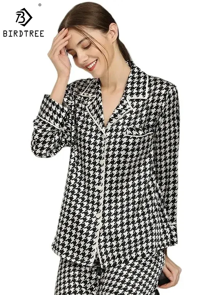 

Birdtree 100%Real Silk Women Pajama Sets Long Sleeve Long Pants Casual Bird Lattice Comfortable Loungewear Sleepwear S3N847QM