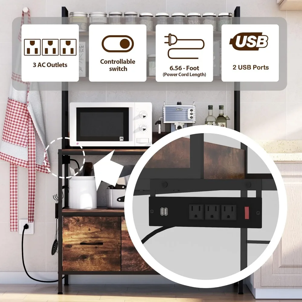 5-Tier Free Standing Bakers Rack with Power Outlet, Metal Kitchen Storage Shelf Organizer with Hooks and Baskets, Industrial Mic 5