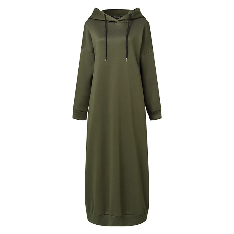 Muslim New Spring Autumn Long Pullover Hoodie For Women Loose Simple Solid Hooded With Pocket Islam Lady Daily Casual Dresses