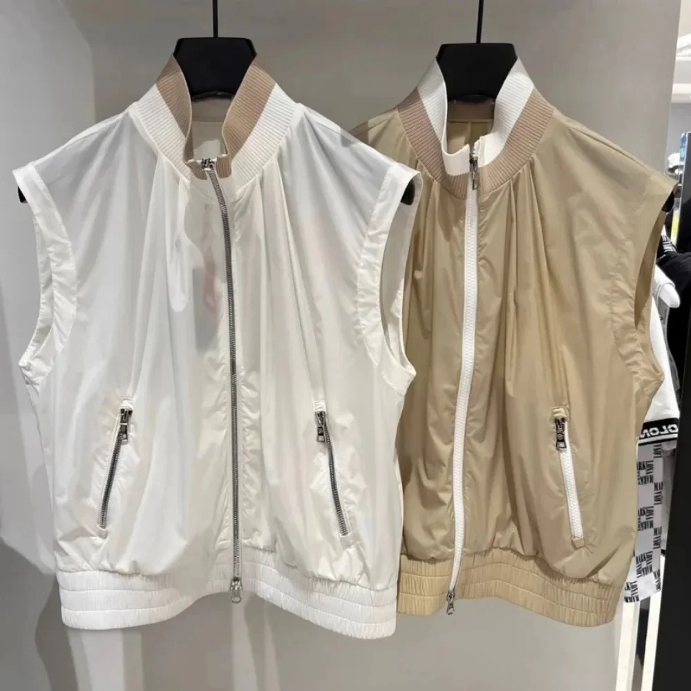 

2024 Golf Clothes Women's Zippered Standing Neck Pocket Vest Sports Short Skirt Korean Sleeveless Thin Jacket Top