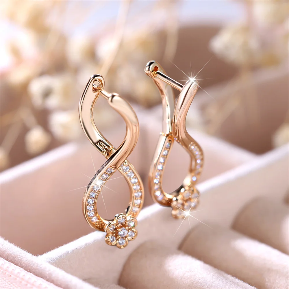 White Zircon Cute Flower Infinity Hoop Earrings For Women Vintage Gold Color Ear Buckle Wedding Jewelry Engagement Party Gifts