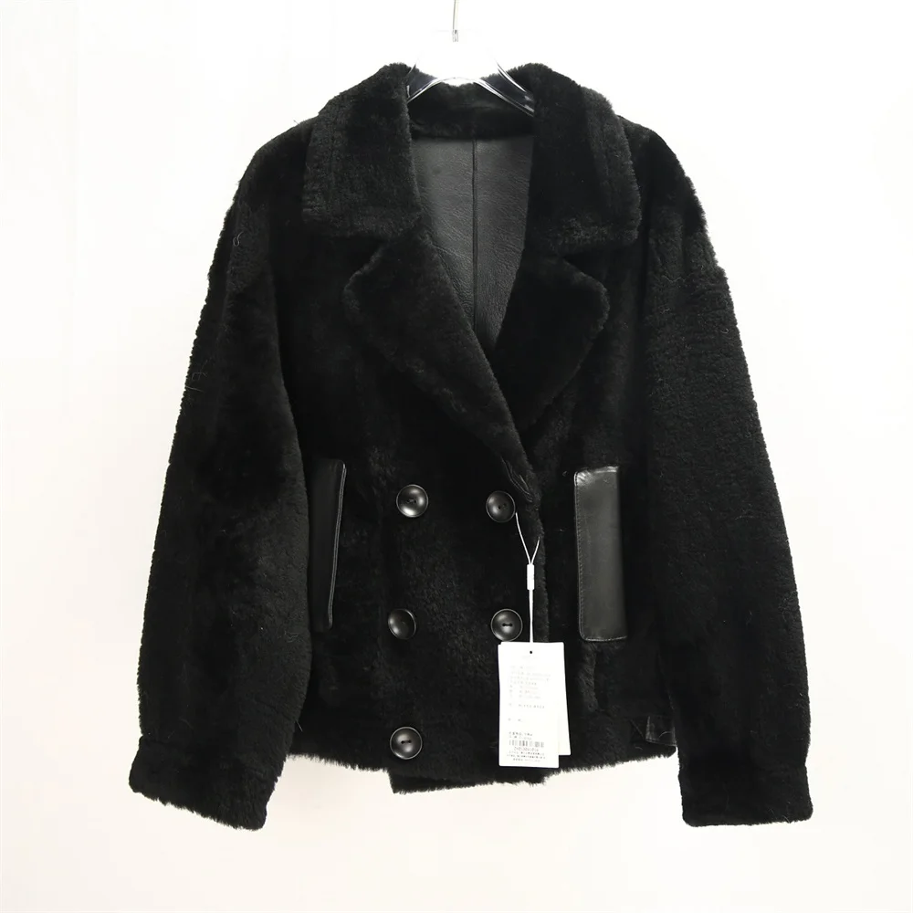 

2023 Women New Black Merino Sheepskin Fur Coat Winter Casual Daily Formal Warm Fur Clothing Lamb Fur Shearling Overcoats