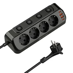 EU Plug Multi - Function Power Board with Fast Charging Ports and Extension Cord - White - Black