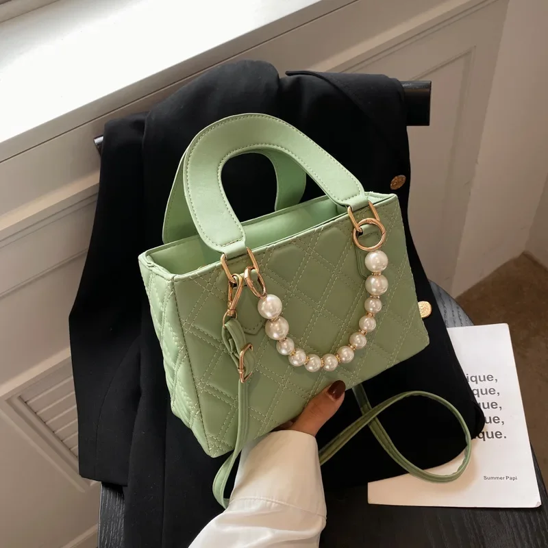 Women's 2023 Trend Leather Chain Shoulder Crossbody Bag with Pearl Handle Portable Chocolate Grid Solid Color Small_voghion.com