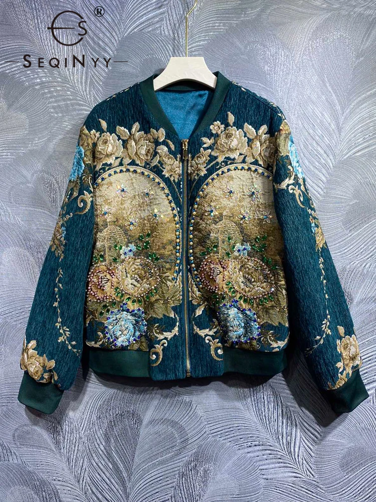 

SEQINYY Blue Short Jacket Spring Autumn New Fashion Design Women Runway High Quality Beading Jacquard Vintage Flower Top