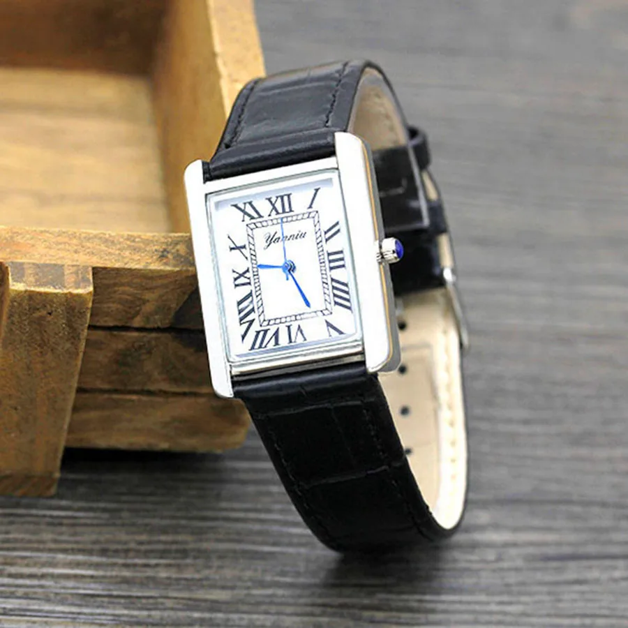 Leather Strap Quarts Watch Simple Square Rome Women's Wristwatch Neutral Couple Watch Sapphire Ladies