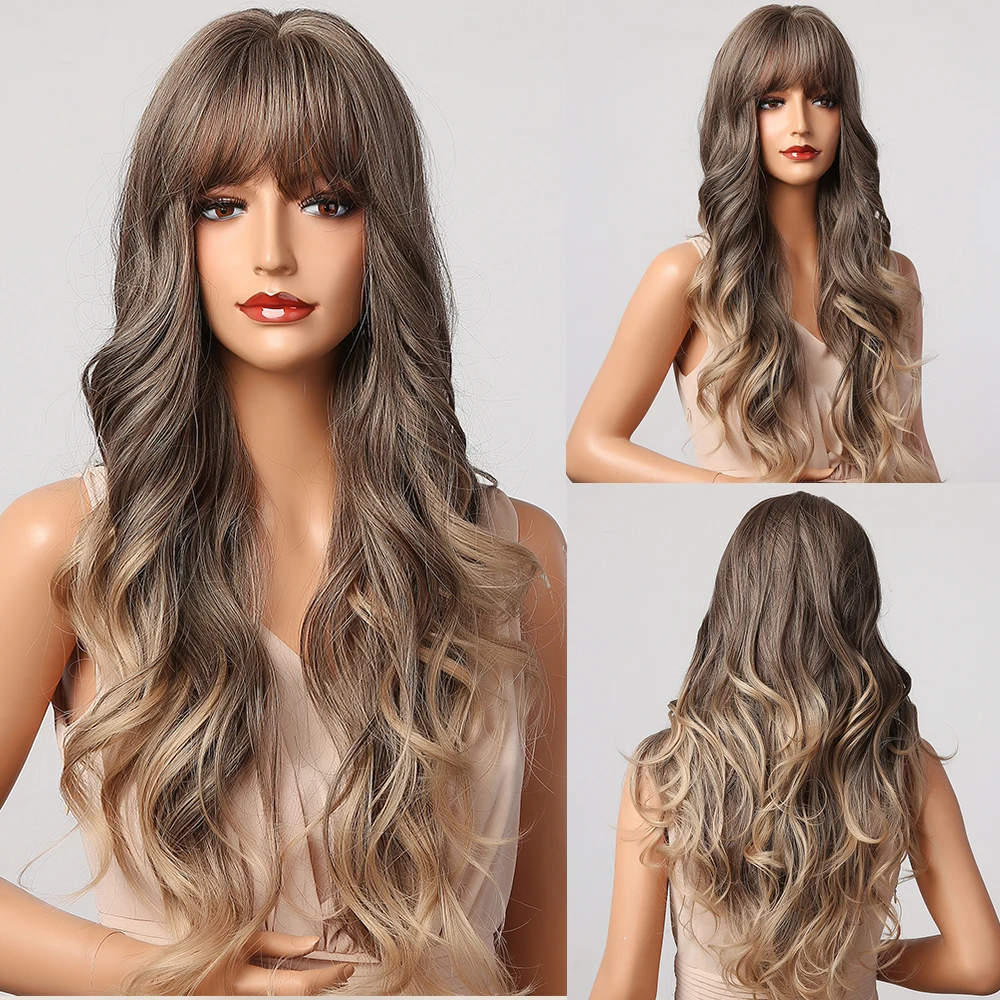 Long Wavy Synthetic Wigs with Bangs Ombre Dark Brown Cosplay Hair for Women African American Heat Resistant Fibre |