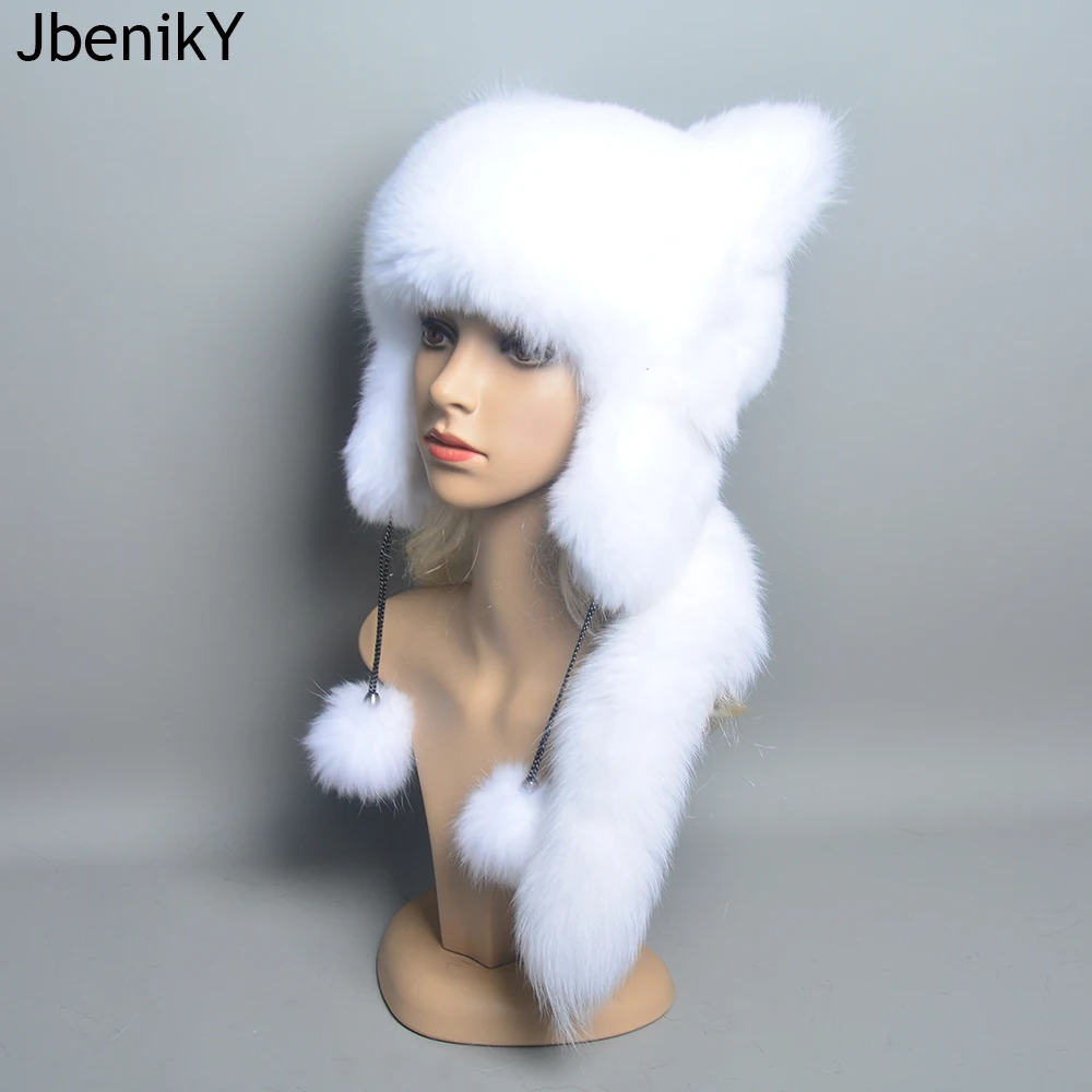 Lady Real Fox Fur Cap Tail Donna Natural Fox Fur Caps Ushanka Hats For Winter Thick Warm Ears Fashion Bomber Pom Pom Hat