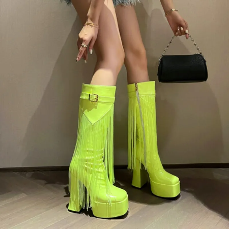 

2023Europe and America Autumn and Winter New Fashion Square Head High Heel Sexy Water Platform Tassel Zipper Large Women's Boots