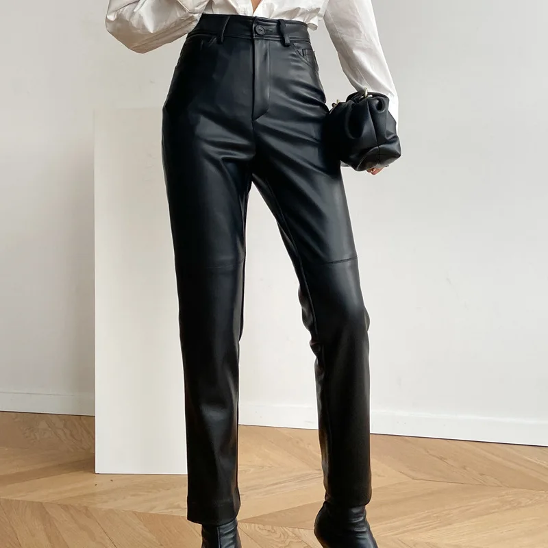 2023 New Genuine Sheepskin Leather Pants High Waist Real Sheep Leather Straight Leg Pants E72