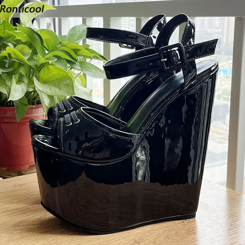 

Ronticool Handmade Women Platform Sandals Patent Wedges High Heels Peep Toe Elegant Black Catwalk Shoes Ladies US Plus Size 4-15