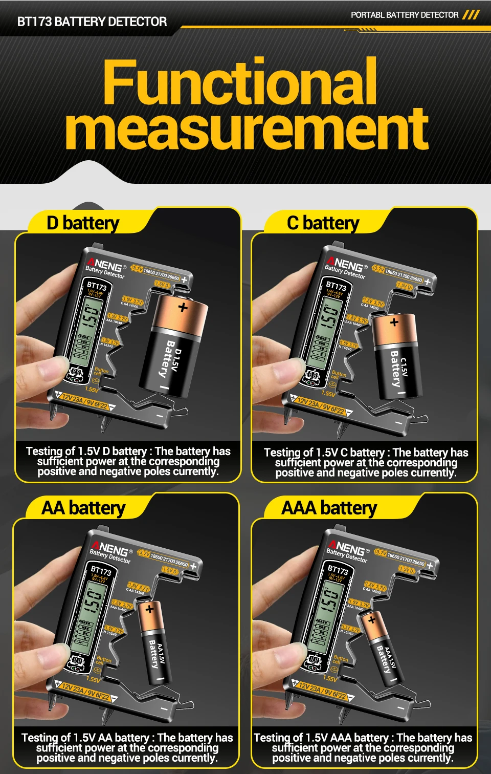 ANENG BT173 Universeller Batterietester für C D AA AAA N 9V Knopfzellen 18650 21700 Lithium-Batterien Keine Stromversorgung Erforderlich Visuelle Digitalanzeige – Detail 13