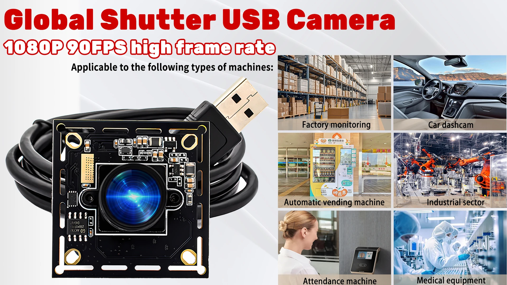 1080P 90FPS USB Camera Module Global Shutter 5-50mm M12 Lens Zoom Plug Play for