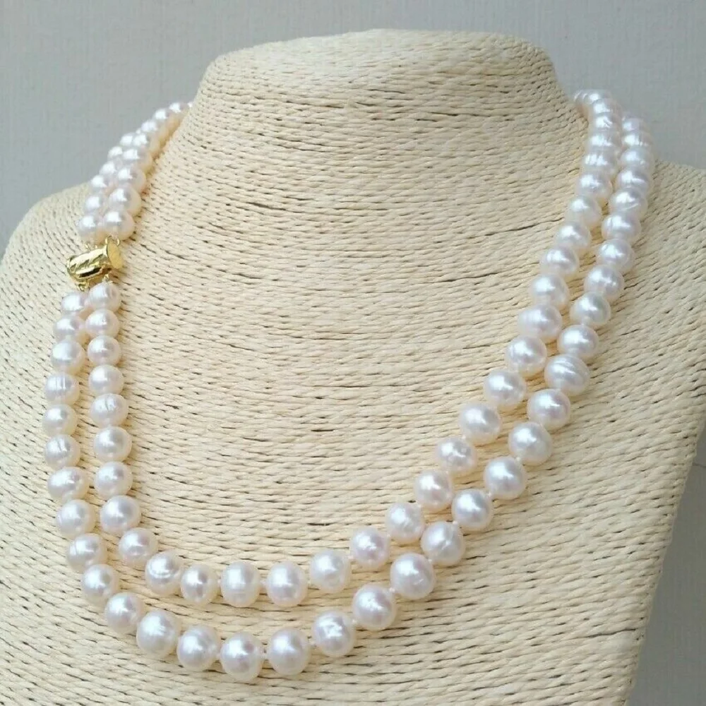 

NEW 2 rows AAA++ 9-10mm natural akoya white pearl necklace 14kp yellow gold 18 19in