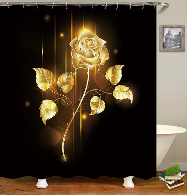Rose Flower Shower Curtain Set Non-Slip Rugs Bath Mat Toilet Lid Cover and 12 Hooks Waterproof Polyester Bathroom Decor B-1PC Shower Curtain