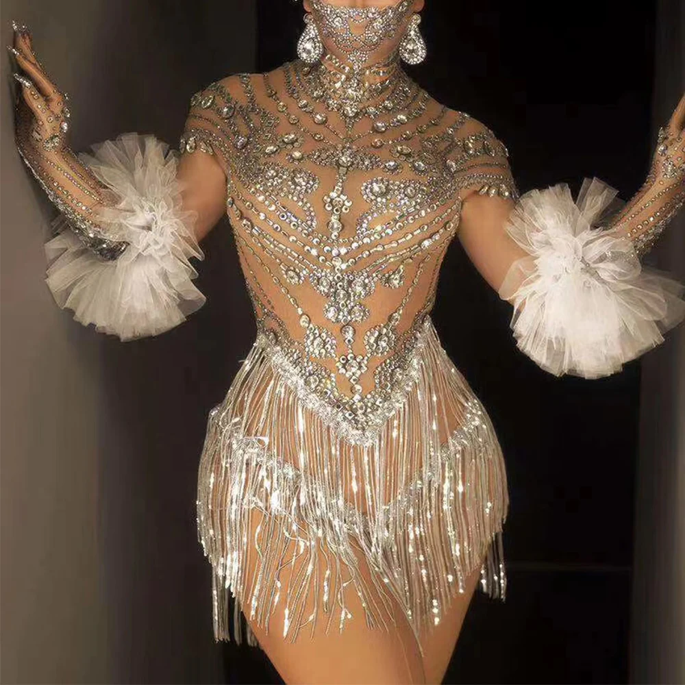 

Shining Silver Rhinestones Tassel Transparent Bodysuits Nightclub Women Singer Party Costumes Gogo Dance Show Stage Wear Gloves