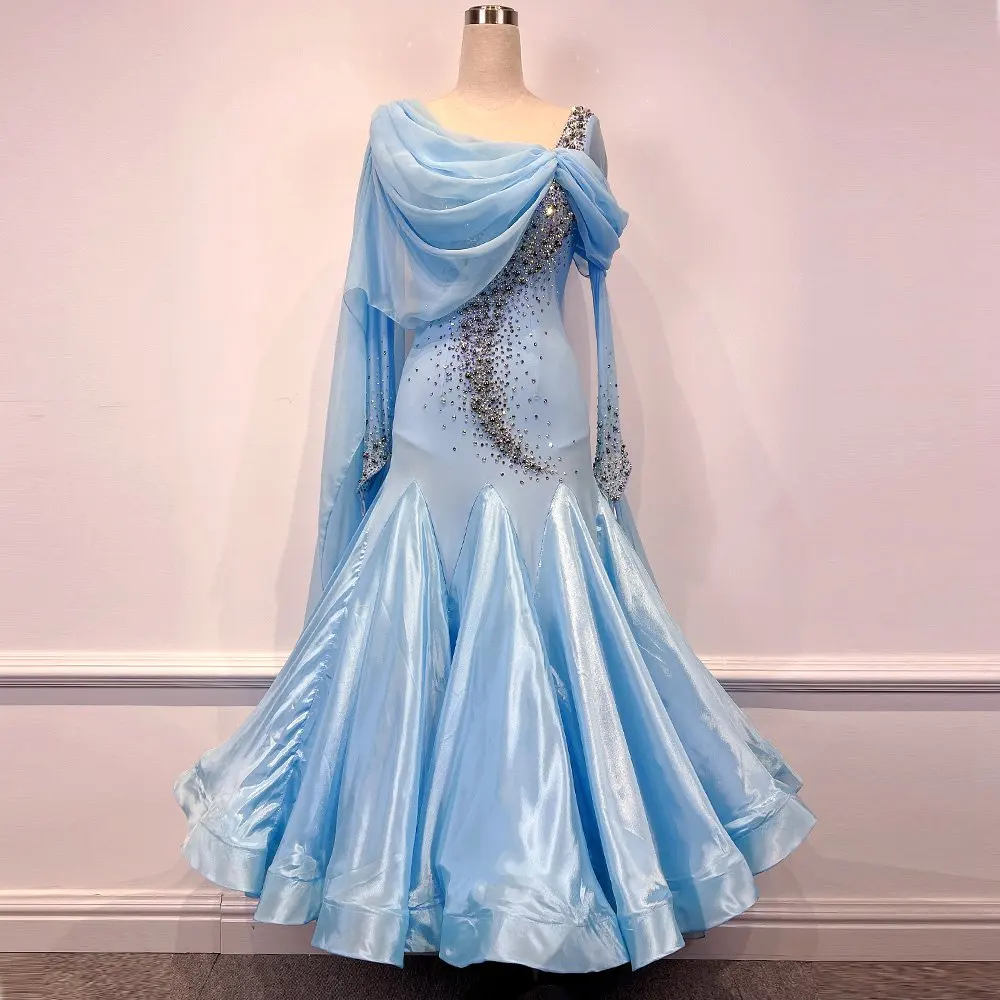

Customized Luxury Chrisanne Clover Fabric Ice Blue Standard Ballroom Dance Dress Women Waltz Tango Modern Fox Trot Dance Costume