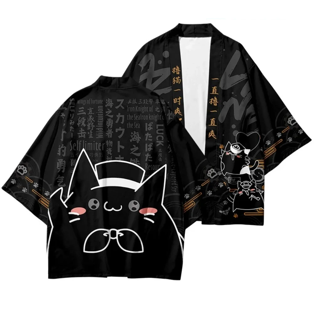 Japanese Traditional Cartoon Lucky Cat kimono summer beach sun protection cardigan men women fun feather weaving kids tops japanese kimono japanese kimono cardigan japanese kimono shirt