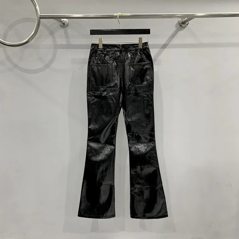 24ss New In Rick Women's Pants Black Coated Glossy Zipper Design Flared Owens Leather Pants Skinny High Waist Casual RO Trousers