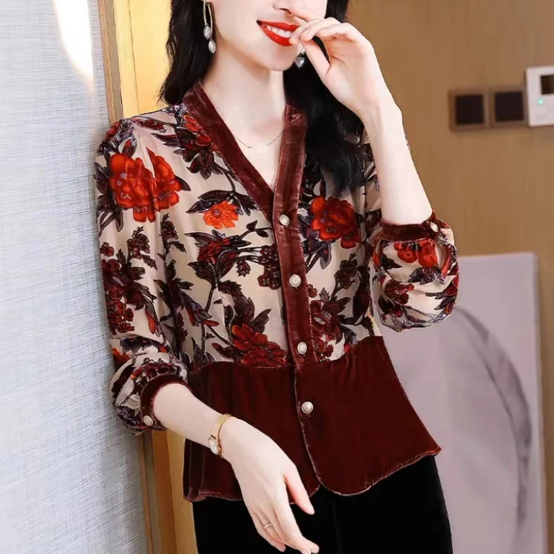 

Женский бархатный топ с V-образным вырезом, винно-красный топ с цветочным принтом, велюровые рубашки с высокой талией для осени и весны, 2024