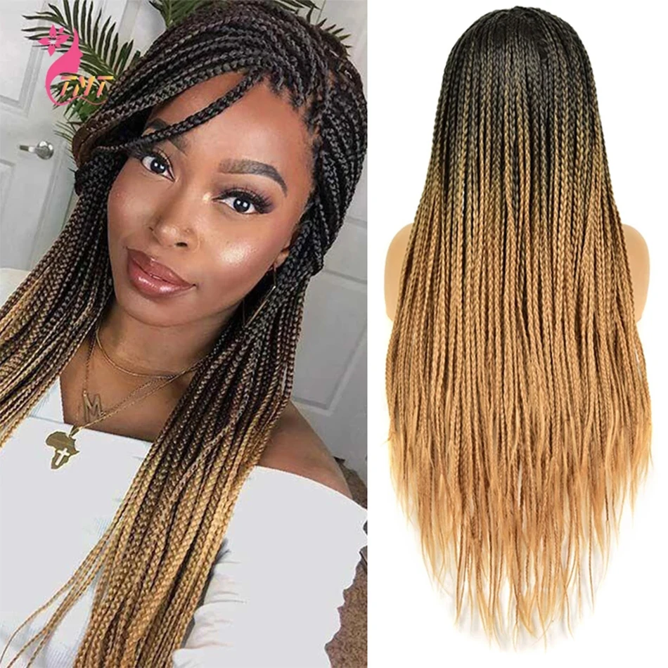 26 Inch Ombre Long Synthetic Wigs Box Braided Wigs For Black Women Braided Wig Fake Scalp Heat Resistant Braiding Hair Cospaly synthetic hair wigs