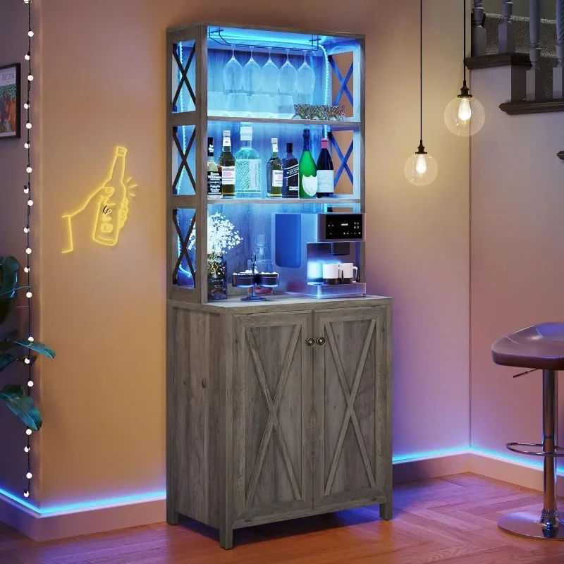 

Bar Cabinets with LED Light, Coffee Bar Liquor Cabinet with Glass Holder, Tall Buffet Wine Cabinet with Storage