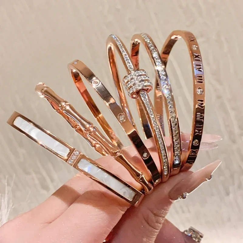 Titanium Steel Rose Gold Color Bangles for Women Girls Trend Waterproof Jewelry Luxury Sparkling Zircon Bracelet Bangle 6