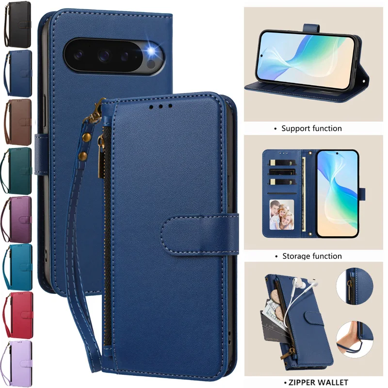 Elegant Leather Wallet Phone Case with Wrist Strap and Zipper Card Holder