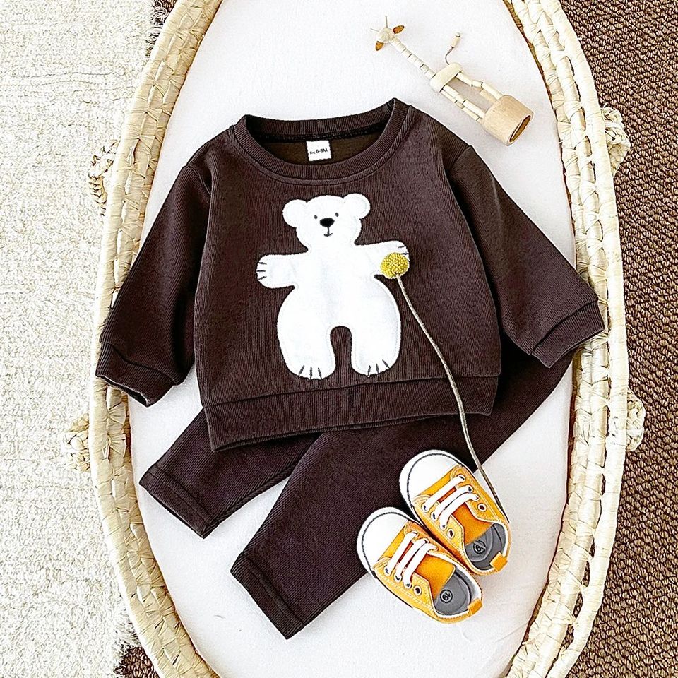 2Pcs Baby Boy Clothes Cotton Infant Suit Girl Clothing Baby Sets Cartoon Bear Embroidery Top Long Pants Spring Newborn Clothing