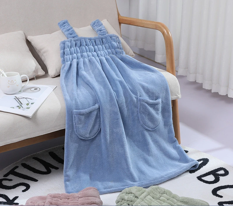 

New Coral Fleece Bath Skirt Sling Bath Towel Women's Bath Tube Top Can Be Worn outside Absorbent Hair Drying Cap Two-Piece Set
