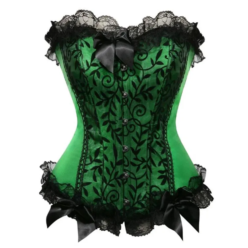 

Sexy Satin Overbust Corset Top Lace Bowknot Decorated Clubwear Showgirl Body Shaper Plus Size Women Vintage Halloween Costume