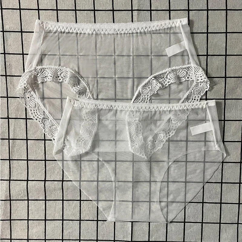 Women Underwear Solid Color Seamless Perspective Mesh Briefs Ultra-thin Plus Size M-3XL