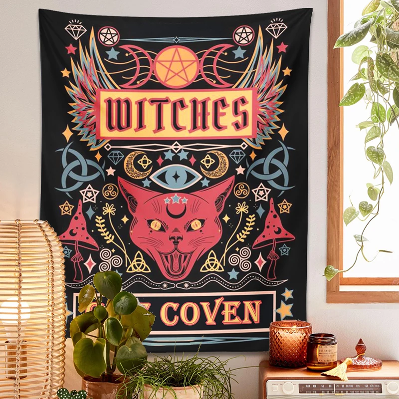 Cat Witchcraft Tapestry Wall Hanging sun moon Tarot mushroom Mysterious Divination for Living Room Home Dorm Decor Cat Coven