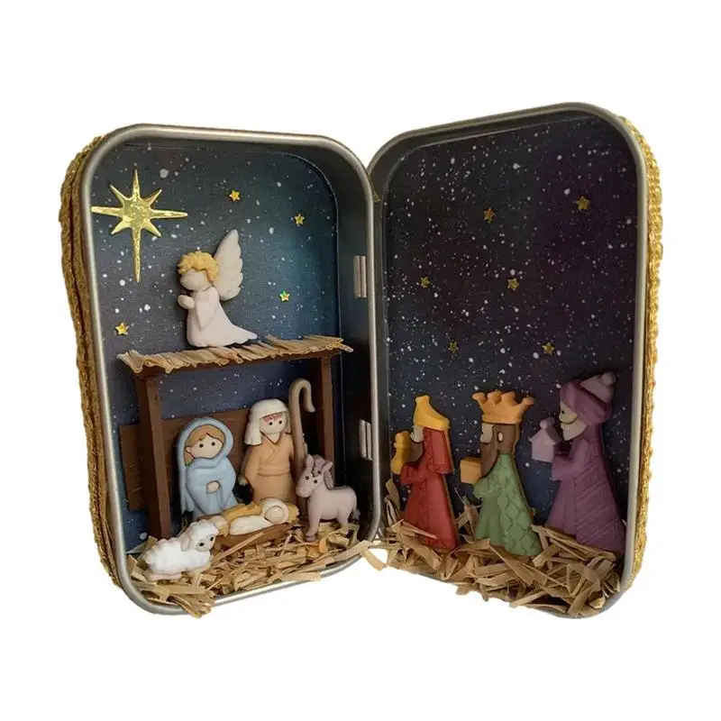 Christmas Manger Nativity Set Resin Figurines Tabletop Decoration Box Ornament Holy Family Religious Figurine