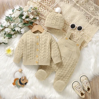 Set di vestiti per bambini Autunno Inverno Caldo maglioni lavorati a maglia Giacche + Cappelli + pagliaccetti Abiti per neonati Ragazzi Ragazze Maglioni Maglieria 0-9 m