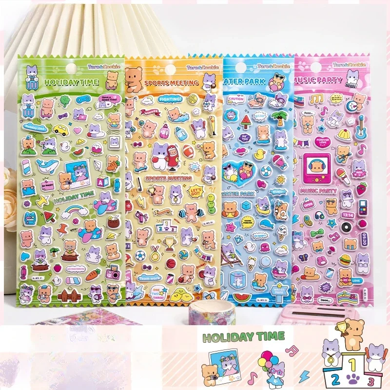 4 Stück/Set Cartoon-Katzen-Bären-Keks 3D-Aufkleber Scrapbooking DIY Journal Schreibwaren-Sticker Niedliche Deko Ästhetische Kunstbedarf