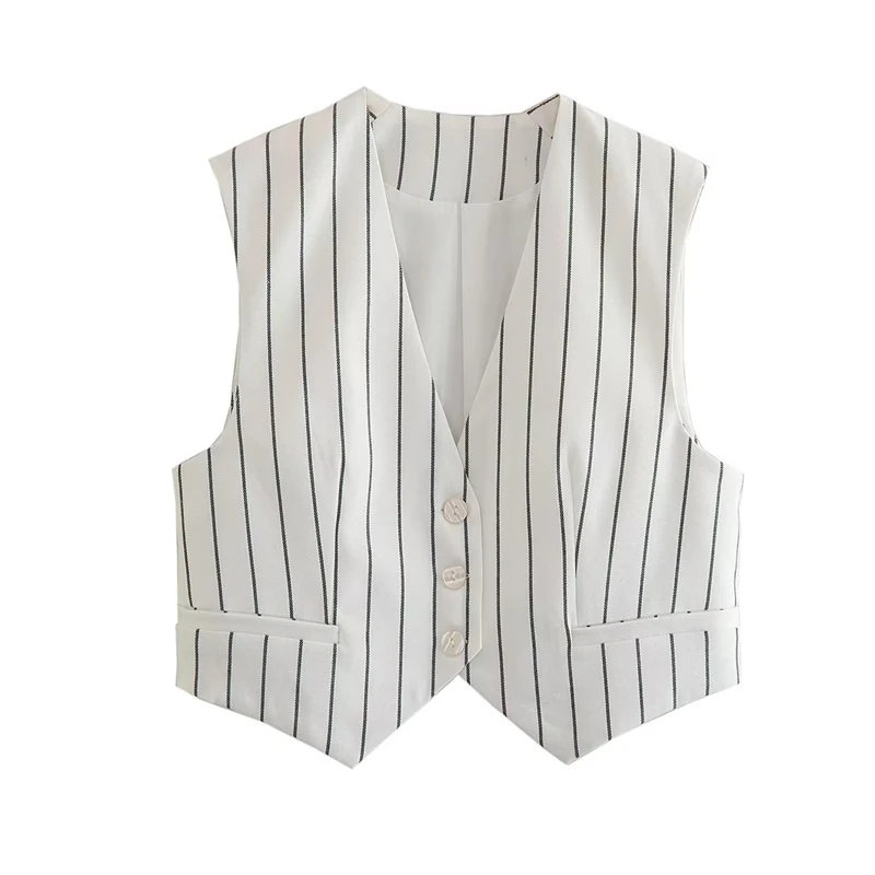 

2023 Women's Summer New V-neck Sleeveless Single-breasted Striped Short Style Vest Fashion Versatile Tops