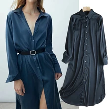 

Dave&Di England Elegant Fashion 2022 Spring Blouse Women Simple Loose Satin Dresses Blusas Mujer De Moda 2022 Long Shirt Women
