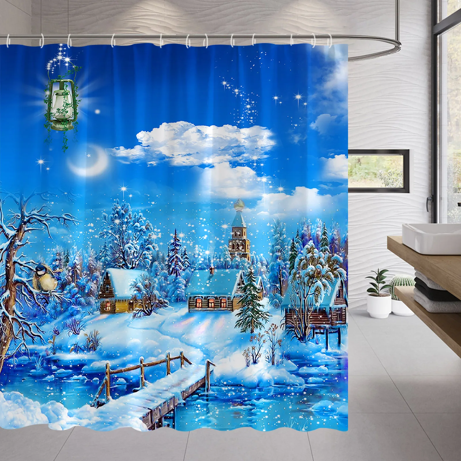 

Rural Winter Christmas Shower Curtain Xmas Reindeer Nature Forest Snowy Scenery Farmhouse Bathroom Curtain Polyester Fabric Hook