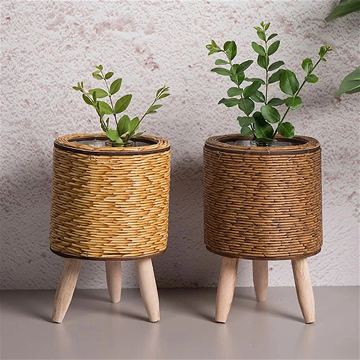 Vintage Imitation Rattan Woven Flower Shelf Planters Storage Basket with Wooden Legs Plant Pot Stand Holder for storage rack,plant stand,wooden flower shelf