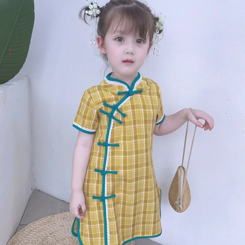 

2021 2-11Y Chinese Cheongsam For Girls Vintage Yellow Pink Plaid Short Sleeve Dresses Princess Summer