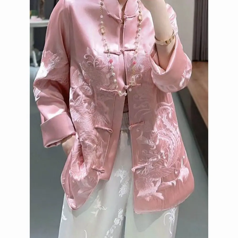 

2024 chinese acetate satin heavy industry embroidery oriental style spring new chinese standing collar tangsuits top women