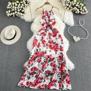 French Gentle Style Floral Suspended Dress Fashionable Hanging Neck Waist Slim Sleeveless A-Line Beach Dress Summer Robe Z1168