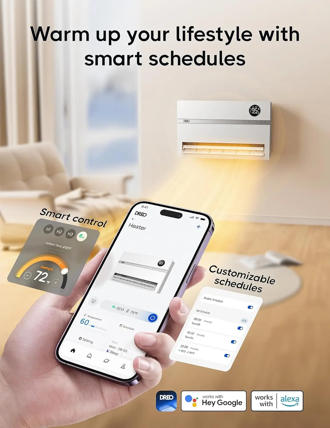 Smart Wall Heater, Electric Space Heater for Bedroom 1500W, 120° Vertical Oscillation, Adjustable Thermostat, Remote Control