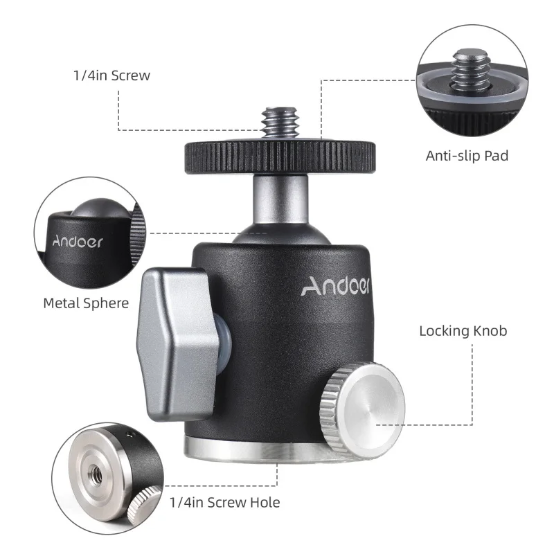 Andoer Mini Ball Head Tripod Ballhead Mount Adapter Aluminum Alloy 1/4 Inch Screw Connector with Bottom 1/4 Inch Thread 3kg Load
